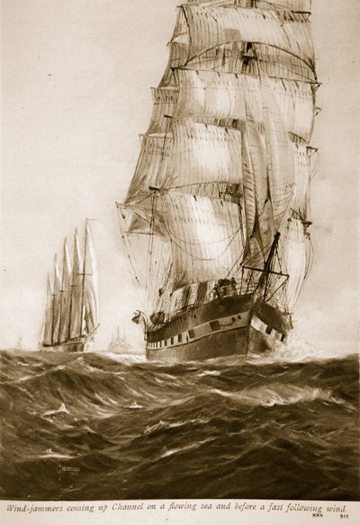 Veleros subiendo por el Canal en un mar agitado y con un viento rápido a favor, 1914-19 de English School