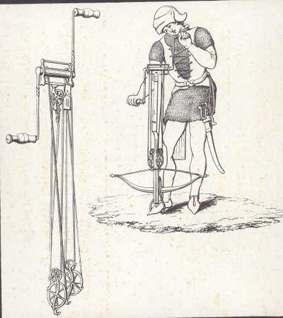 Mecanismo de cabrestante para tensar la ballesta, ilustración de 