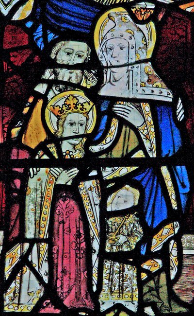 Ventana Ew que representa a Santa Ana, Joaquín, la Virgen María y el Niño Jesús de English School