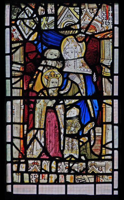 Ventana Ew que representa a Santa Ana, Joaquín, la Virgen María y el Niño Jesús de English School