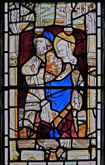 Ventana Ew que representa a Santa Ana, Joaquín, la Virgen María y el Niño Jesús de English School