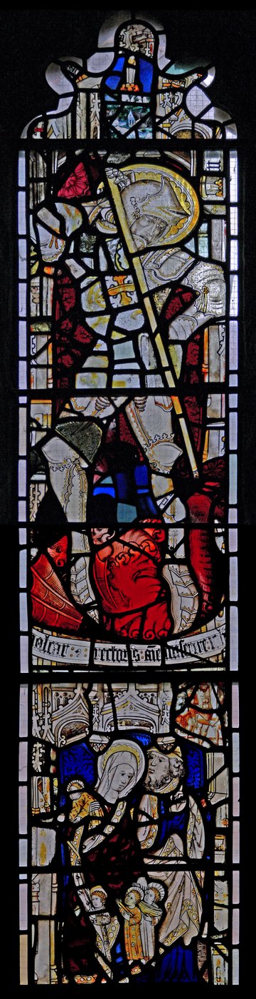 Ventana Ew que representa a San Jorge; Santa María Cleofás, Alfeo y sus hijos de English School