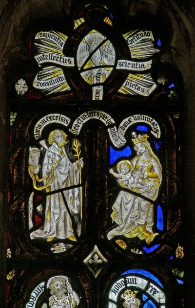 Ventana Ew representando figuras del Árbol de Jesé: dones descendentes del Espíritu en la Natividad con la Virgen María y José con burro de English School