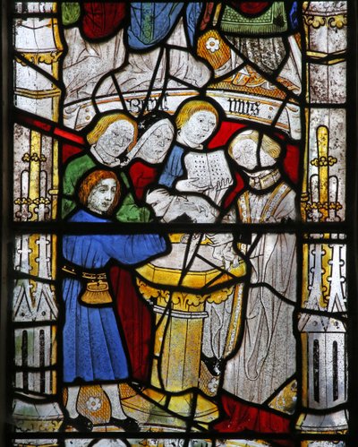 Ventana que representa los Siete Sacramentos: Bautismo de English School