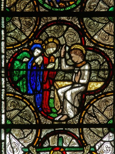 Ventana S representando una escena de Resurrección: el ángel con las Tres Marías de English School