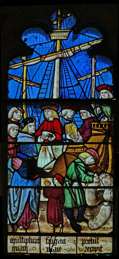 Ventana SaEw representando una escena de una leyenda de San Nicolás: los barcos de grano descargan en Myra de English School