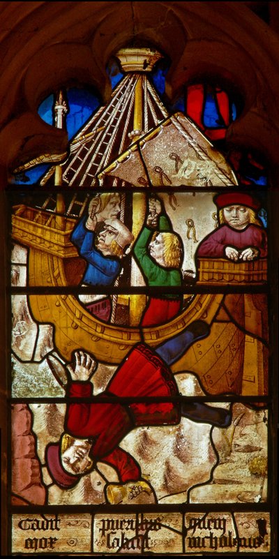 Ventana SaEw representando una escena de una leyenda de San Nicolás: el milagro del niño y la copa: el niño confiado con una Copa de Oro cae al mar en ruta a Bari de English School
