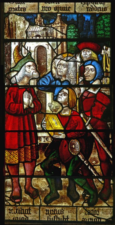 Ventana SaEw representando una escena de una leyenda de San Nicolás: los ladrones devuelven el tesoro que robaron al hombre rico de English School