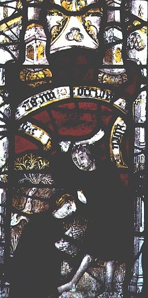 Ventana que representa las ofrendas de Caín y Abel, británica de English School