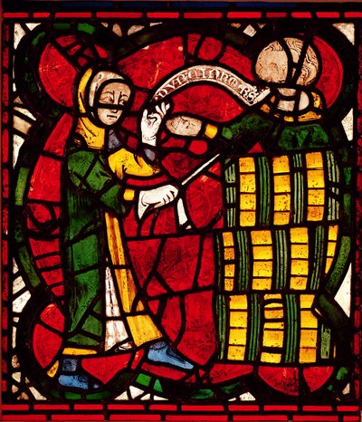 Vidriera que representa a un vendedor de barriles, c.1300 de English School