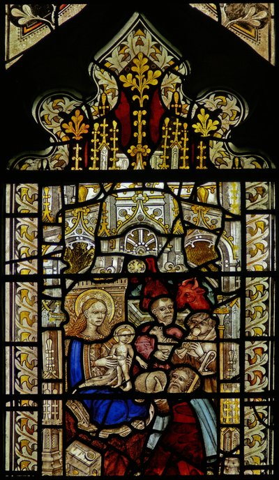 Ventana que representa la adoración de los pastores de English School
