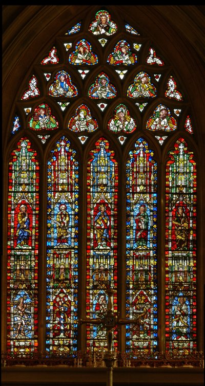 Ventana e-1 que representa a Noé, Abraham, David, Isaías y Malaquías; Eva, la Serpiente, la Virgen y el Niño, la Serpiente de Bronce y Moisés de English School