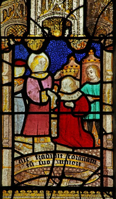 Ventana n5 que representa a San Neot da su corona a su hermano menor de English School