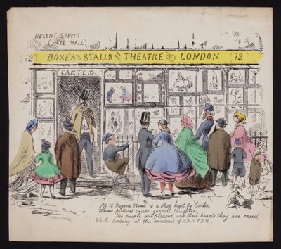 Ventana de la tienda de impresiones humorísticas de Carter, Regent Street Londres de English School