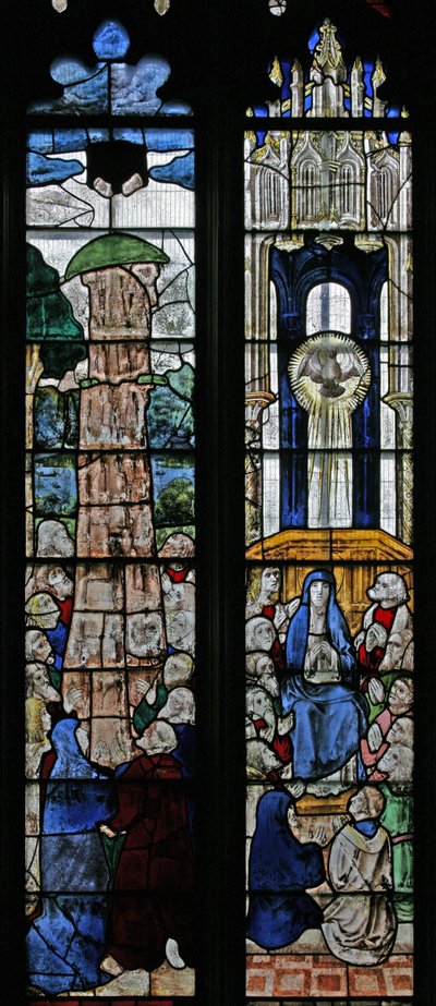 Ventana s5 que representa la Ascensión y Pentecostés de English School
