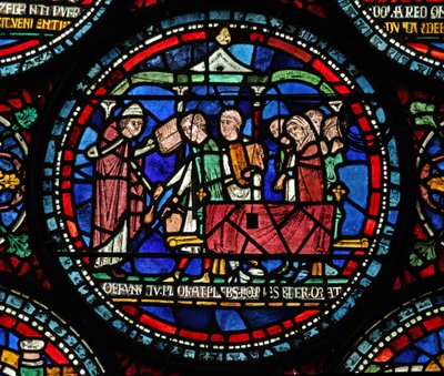 Ventana s6 que representa una escena de un milagro de Santo Tomás Becket: el funeral de Gilbert de Brun (?) de English School