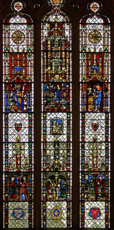 Ventana w31 que representa una ventana compuesta con San Edmundo, San Guillermo, San Jorge, Anunciación, Adoración de los Magos de English School