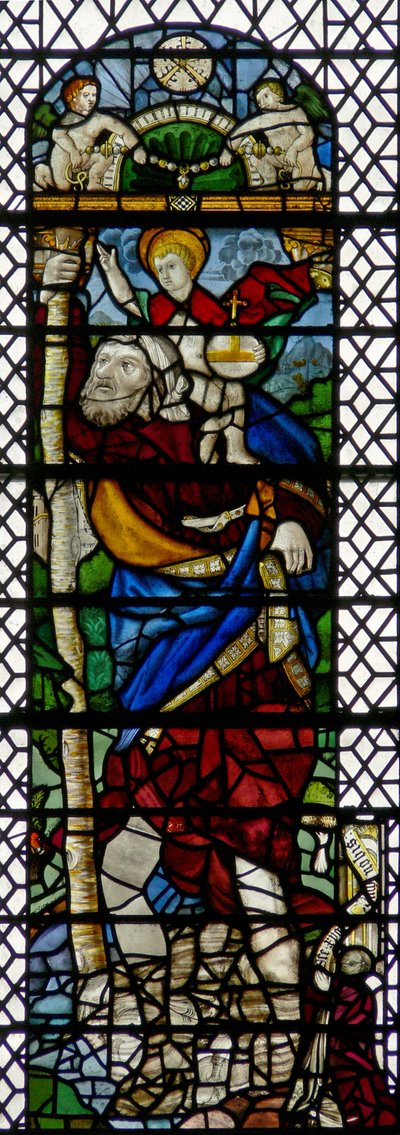 Ventana w36 que representa a San Cristóbal - una figura híbrida de vidrio francés del siglo XVI e inglés del siglo XV ensamblada en 1956 de English School
