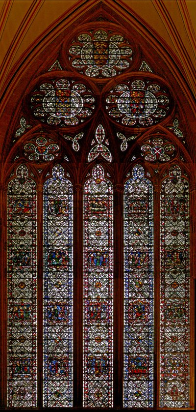 Ventana w57 que representa la ventana este de la Sala Capitular: Infancia de Cristo: Muerte de la Virgen de English School