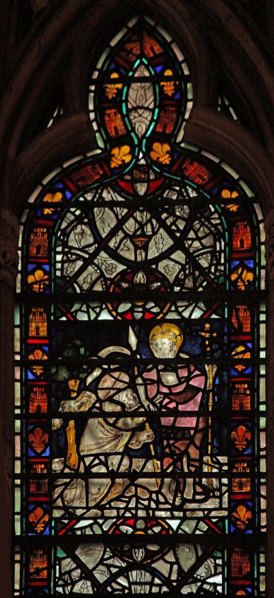 Ventana w58 que representa a Santo Tomás dudando; grisalla y borde de English School