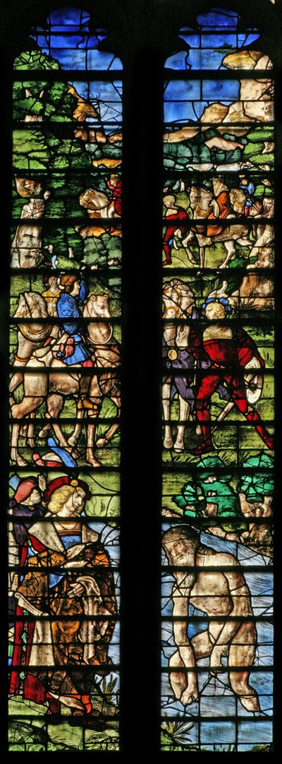 Ventana w7 que representa a Naaman lavándose en el Jordán (detalle) de English School