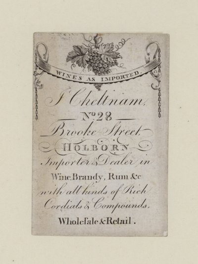 Mercaderes de vino, J Cheltnam, tarjeta comercial de English School