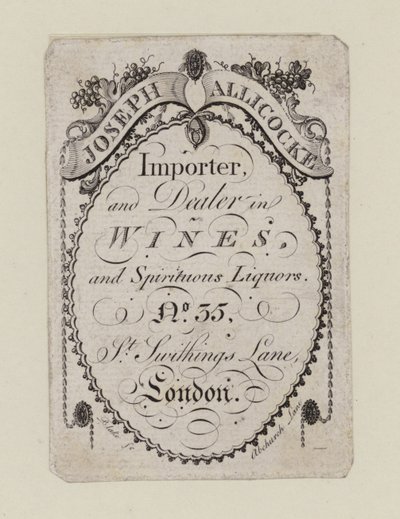 Mercaderes de vino, Joseph Allicocke, tarjeta comercial de English School