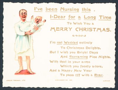 Mujer sosteniendo bebé que grita, Tarjeta de Navidad de English School