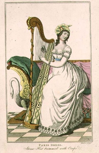 Mujer con Vestido de París y Sombrero de Paja Adornado con Crepé Tocando el Arpa, ilustración de la 