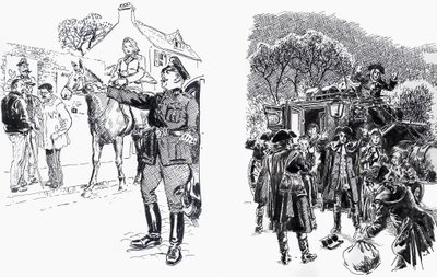 Mujer a caballo con oficial y salteadores de caminos de English School