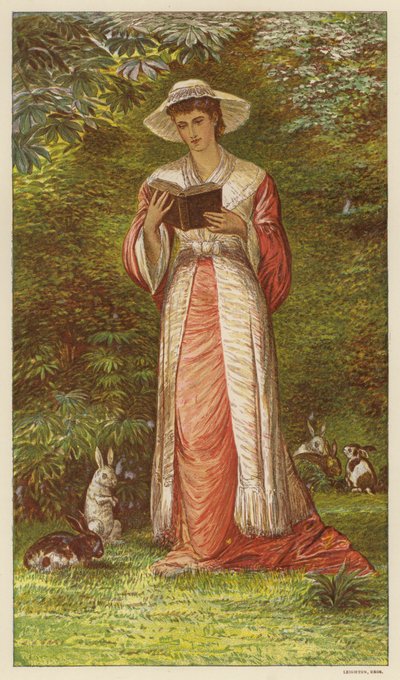 Mujer leyendo un libro en un jardín con conejos (litografia en color) de English School