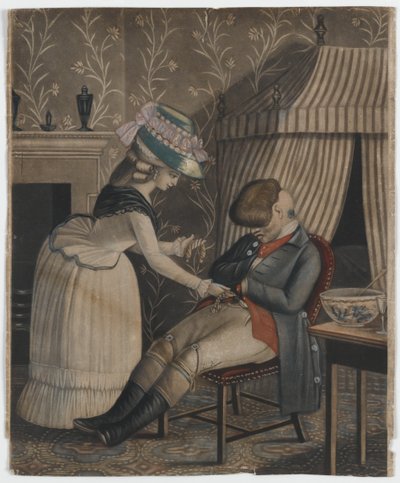 Mujer robando una bolsa de medias y un reloj de bolsillo a un hombre dormido, c.1790 de English School