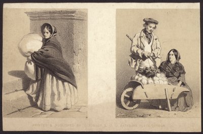 Mujer vendedora ambulante vendiendo verduras de una carretilla (litho) de English School