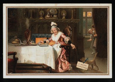 Mujer tomando té con su gato, tarjeta de felicitación de Navidad de English School