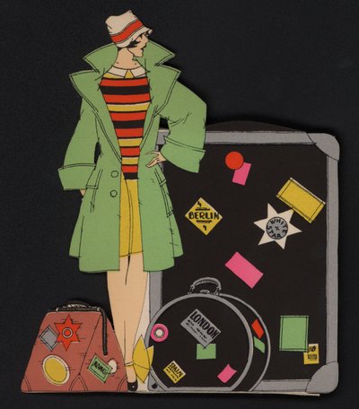 Mujer viajera y su equipaje (litografía en color) de English School