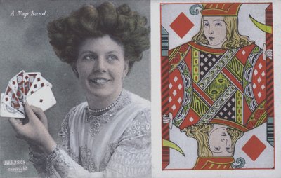 Mujer con cartas de juego y el Jack de diamantes de English School