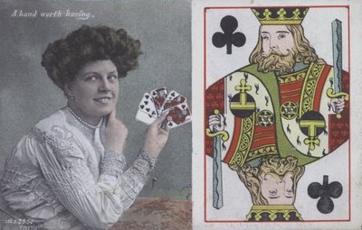 Mujer con naipes y el rey de bastos (litografía en color) de English School