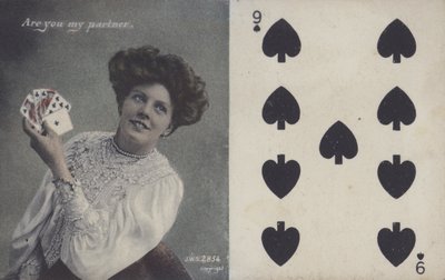 Mujer con cartas y el nueve de espadas de English School