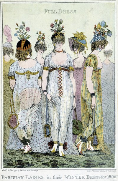 Maravilloso: mujeres parisinas con sus vestidos de invierno para 1800, caricatura inglesa. de English School