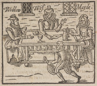 Xilografía que muestra a mujeres sentadas alrededor de una mesa, Una viuda, esposa y doncella de English School