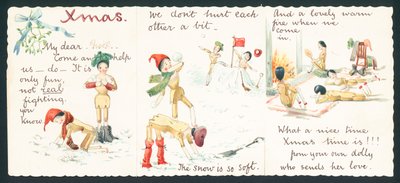 Muñecos de madera en pelea de bolas de nieve de English School