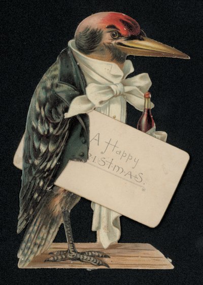 Pájaro carpintero vestido de camarero o mayordomo, tarjeta de felicitación navideña (chromolitho) de English School