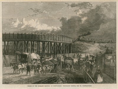 Obras en el Ferrocarril Midland en Kings Cross, Londres; puente temporal, Old St Pancras Road de English School