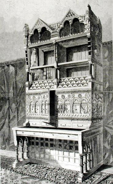 Mesa de escritura y librero en la exposición arquitectónica, ejecutado por el Sr. James Forsyth, del diseño del Sr. R. Norman Shaw de English School