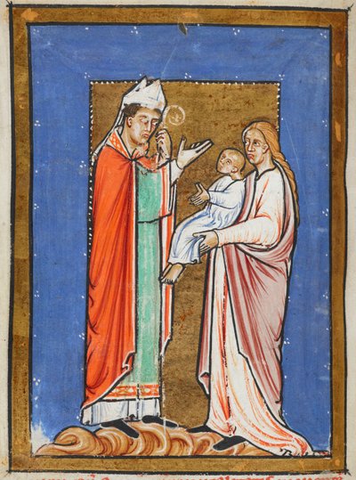 Yates Thompson 26 f.62v San Cuthbert curando a un niño con la peste, ilustración de la "Vida en prosa de San Cuthbert", de Bede (vitela) de English School