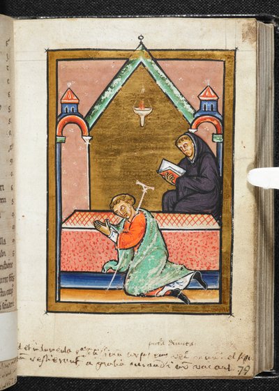 Yates Thompson Ms 26, f.79 r Tullido rezando ante la tumba de San Cuthbert, ilustración de "Bede, Prose Life of Cuthbert" (vitela) de English School