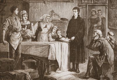 Joven Calvino exponiendo la Biblia a una familia en Bourges, ilustración de La Historia del Protestantismo de James Aitken Wylie, pub. 1878 de English School