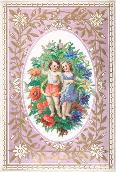 Niña y niño con flores y cintas de English School