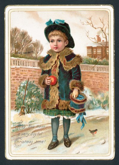 Niña con manguito de piel y manzana, tarjeta de Navidad de English School
