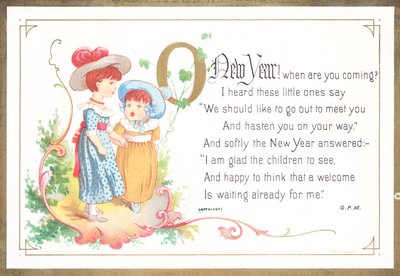 Niñas cogidas de la mano, tarjeta de Año Nuevo de English School